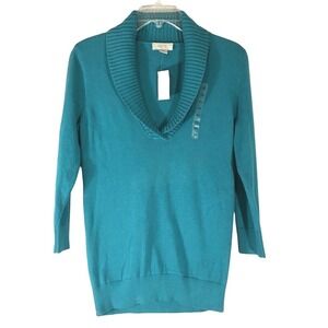 Loft Teal Cotton Shawl Collar V-Neck Sweater 3/4 Sleeve Size XS NWT‎ 11864691